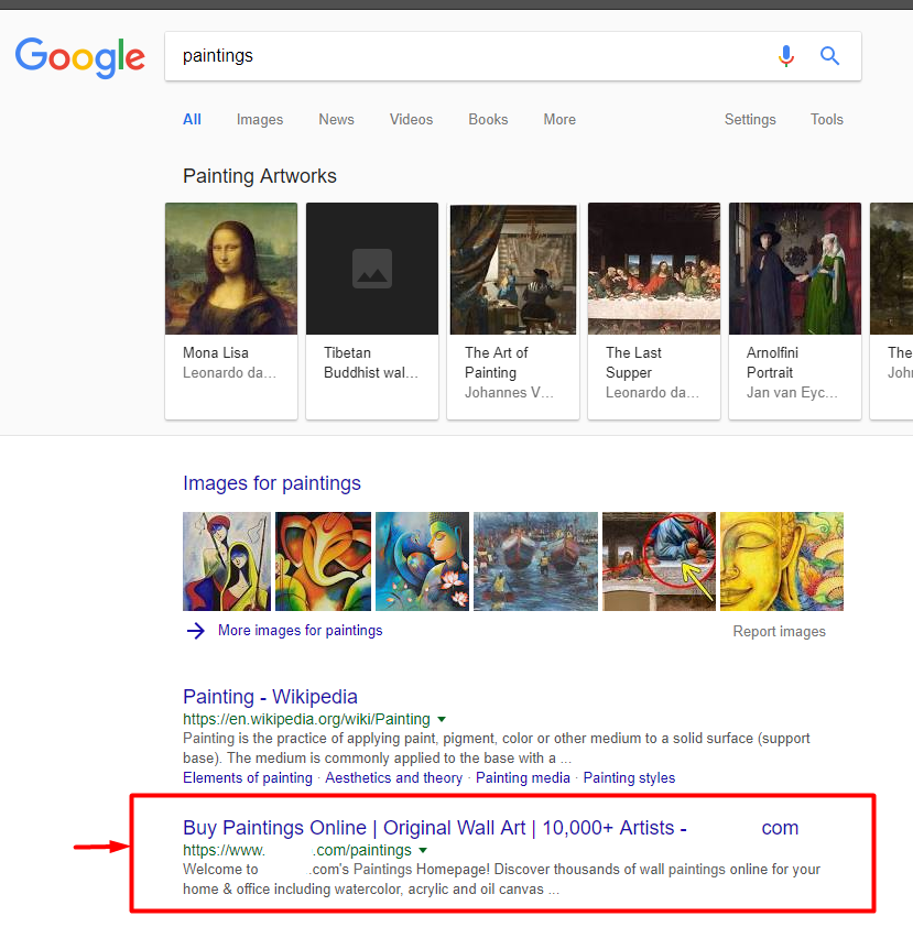 2nd position ranking in Google for paintings keyword