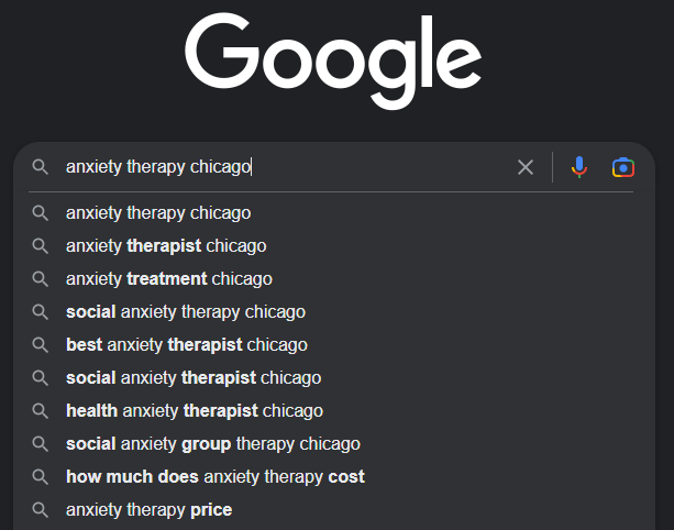 Google auto-complete showing keywords related to anxiety therapy chicago